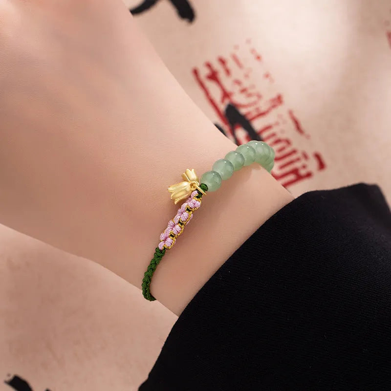 Hand woven red rope women's bracelet with Lily design and floral national style decoration
