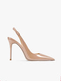 Women's nude high-heeled sandals with an ankle strap and hollow design.