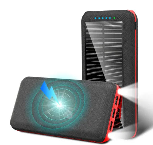 Wireless power bank with Qi charging showing three USB ports and LED flashlight in black-blue colour