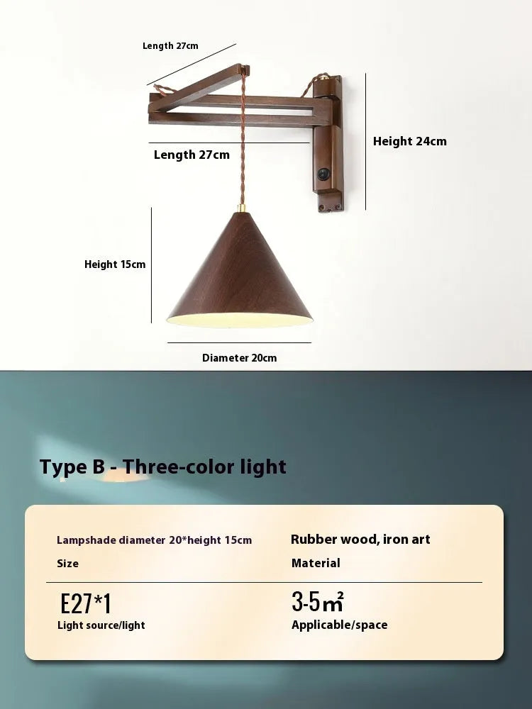 American retro bedroom bedside lamp with rocker arm, 20cm walnut colour shade on table
