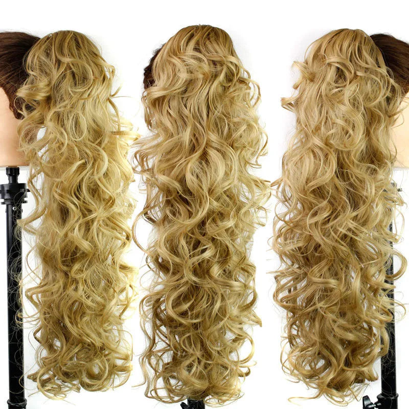 Chemical fiber ponytail extension with wavy long curly texture and grab clip, 65cm length, available in 12 colours