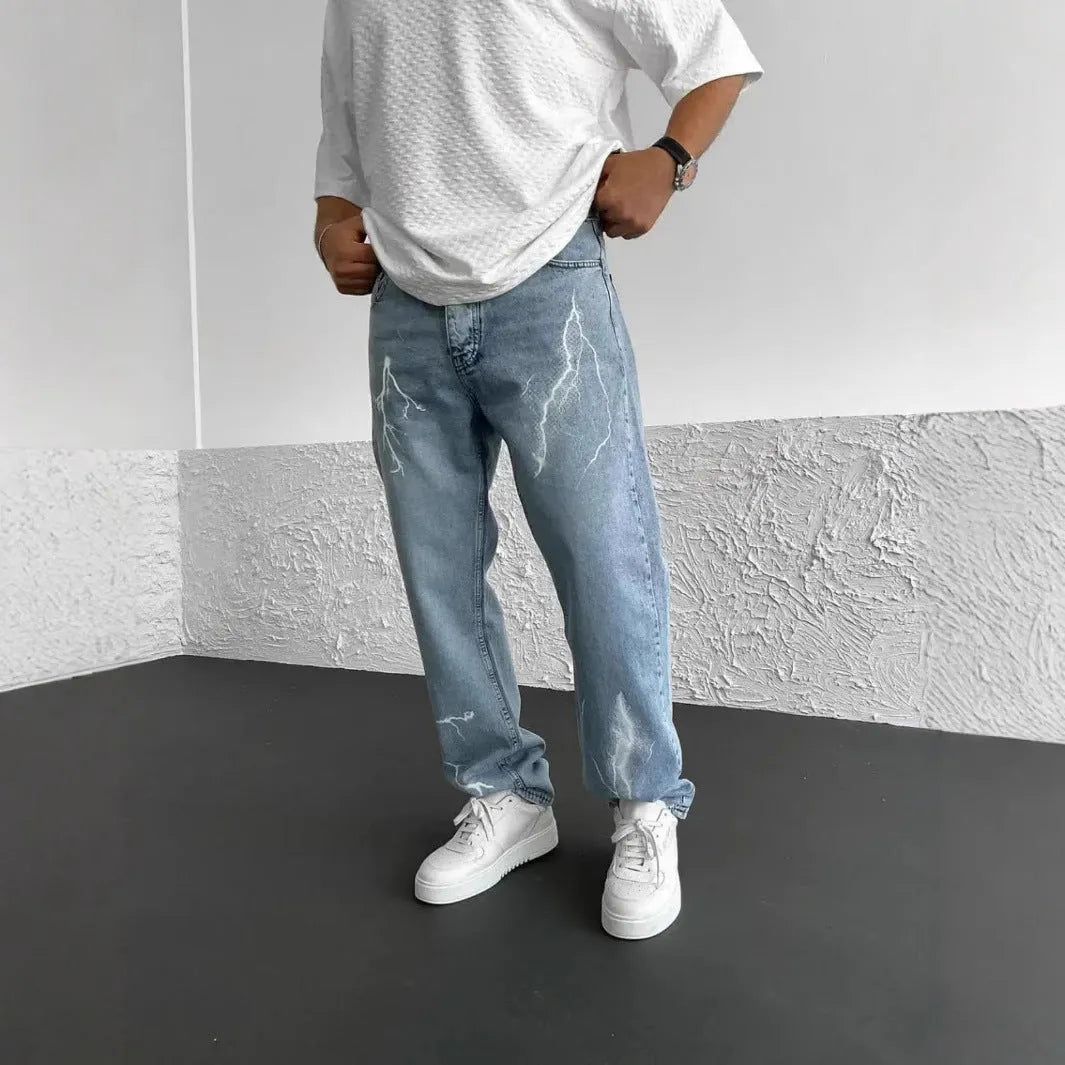 Men's blue straight-leg loose fit cotton denim jeans with mid waist design