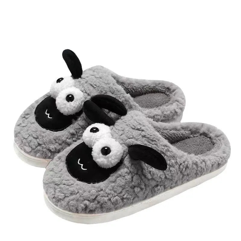 Simple lamb thermal cotton slip-on slippers in suede, shown in brown colour with sewn PVC sole.