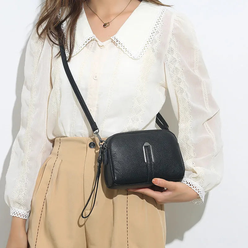 Genuine first layer cowhide women shoulder bag in horizontal square shape, 19cm length, available in black navy green brown and khaki