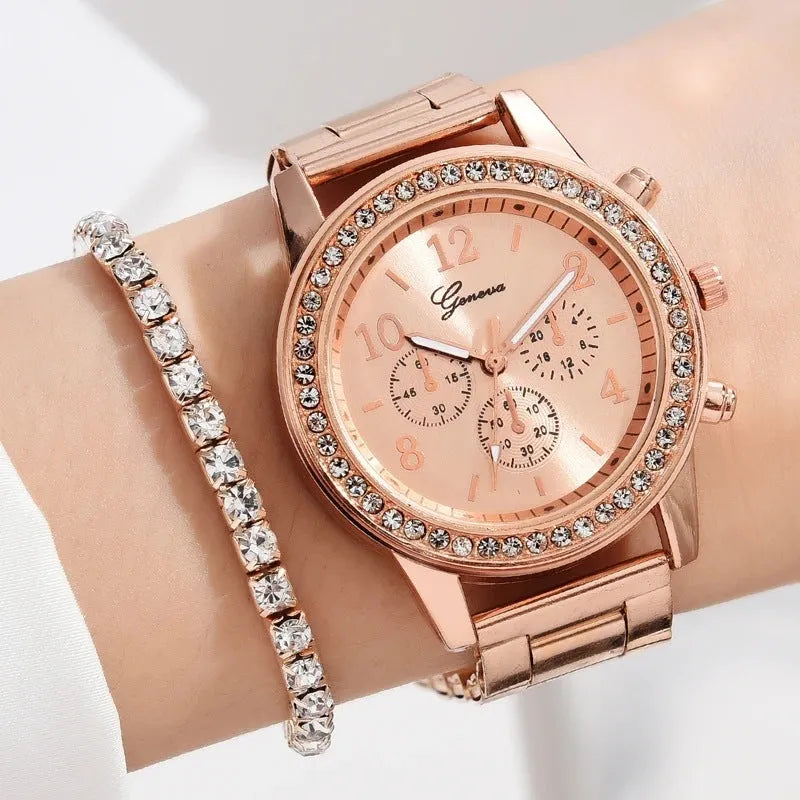 Women's casual quartz watch suit with alloy case and jewellery set in silver rose gold gold