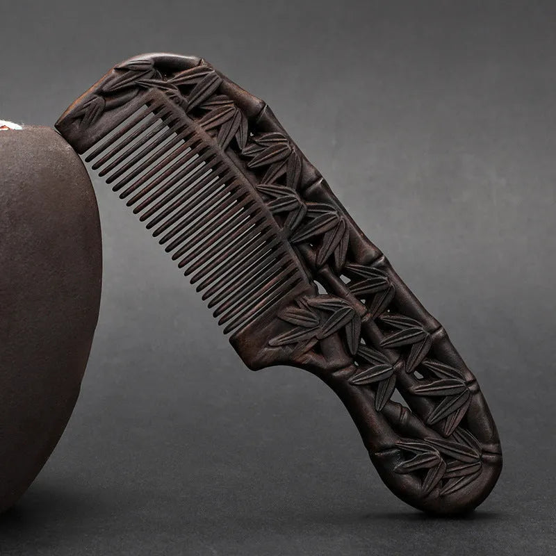 Wooden double-sided carved comb with handle, 180mm, ebony finish, classical Chinese design