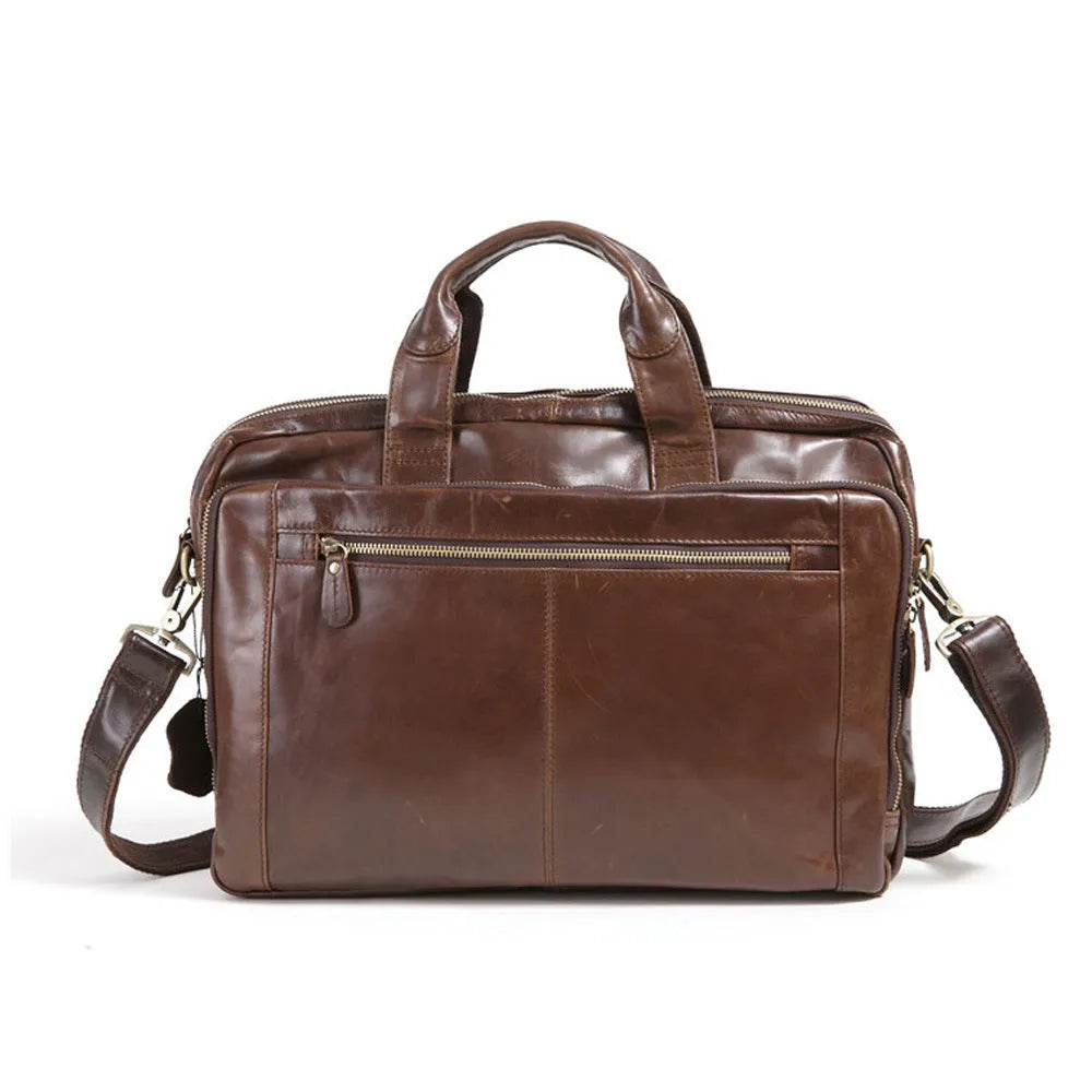 Men's brown leather business briefcase with 18-inch size and polyester cotton lining