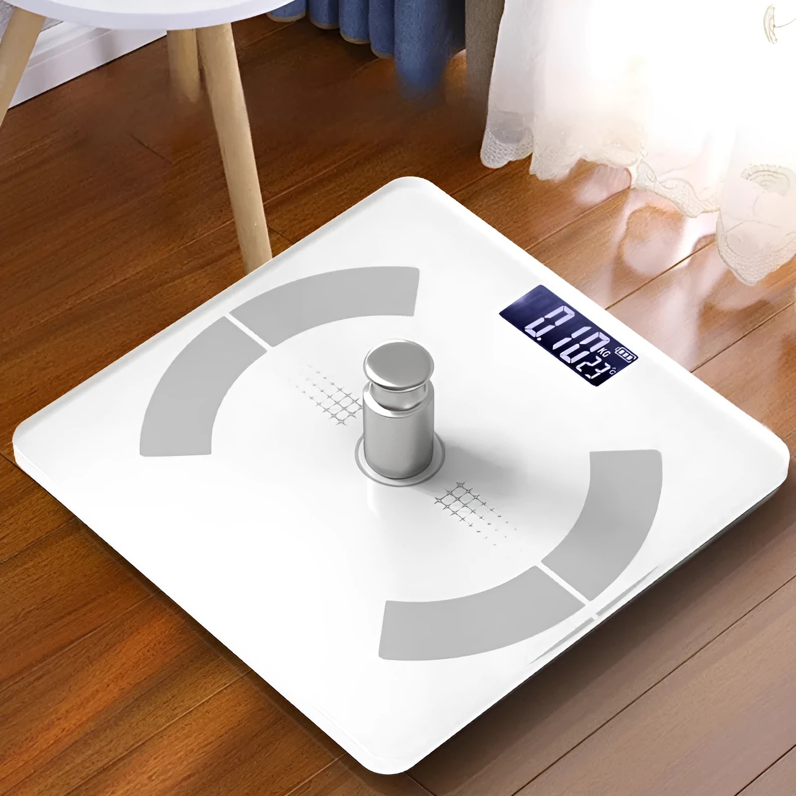 Smart Bluetooth body fat scale in white colour on bathroom floor
