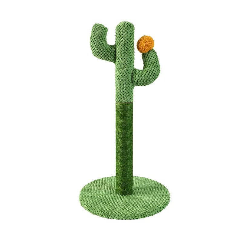 Cactus-shaped cat scratch board with vertical sisal climbing pole in green cotton thread construction