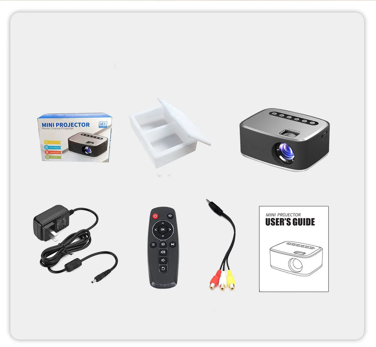 T20 Mini Projector in silver black with LED lens, remote control, and power cord on a table