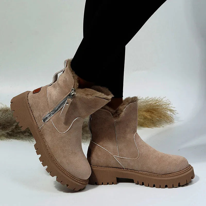 Women's high-top snow boots in black with side zip and thick plush lining