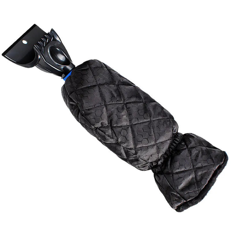 Car windshield snow scraper mitten in black with toothed and shovel edges, fleece lining, and foam handle