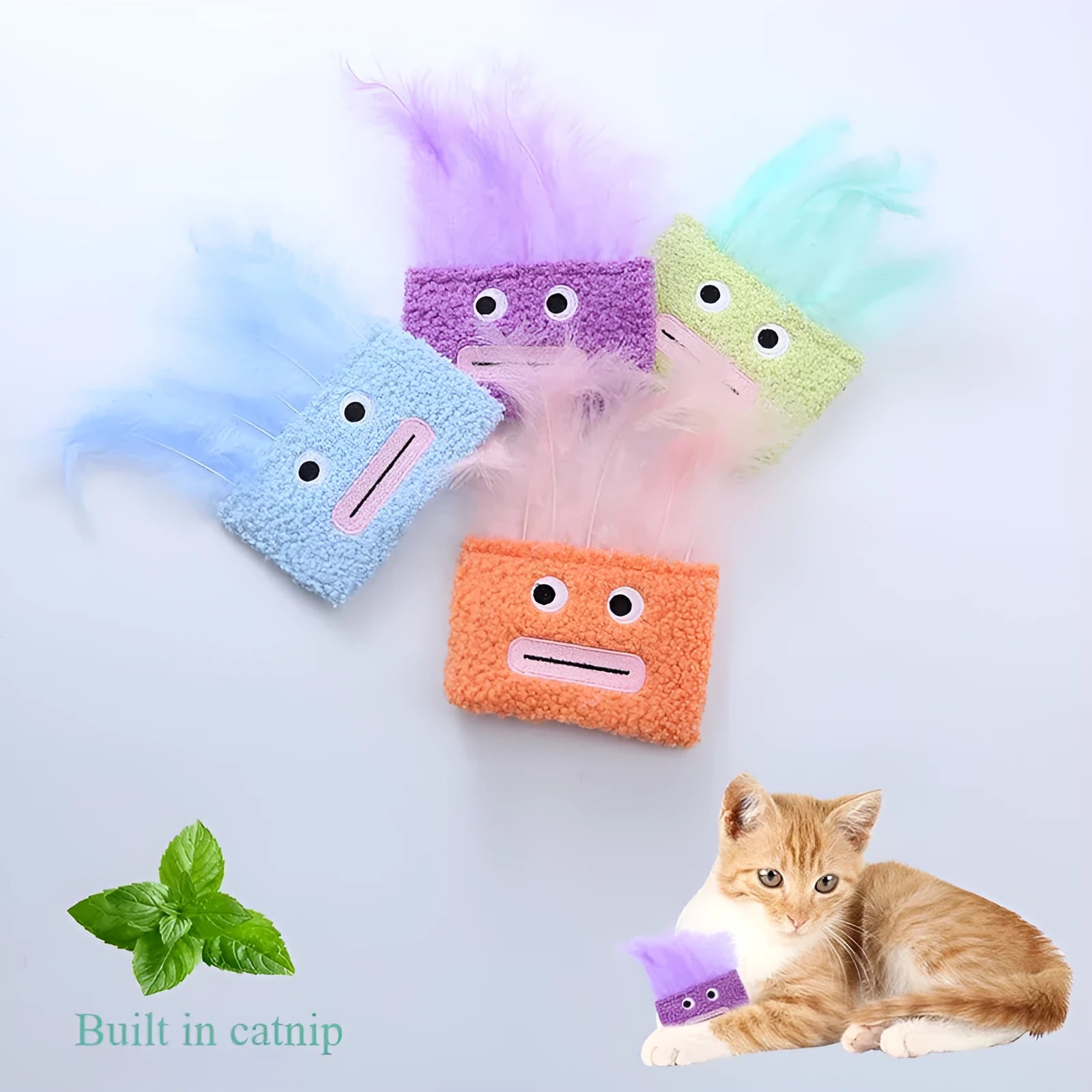 Colourful big mouth explosion head-shaped plush cat toy shown in blue, green, orange, and purple.