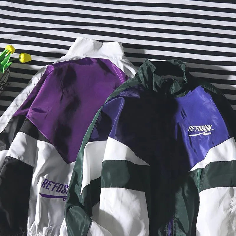 Men's green hip hop autumn jacket with cotton blend fabric, loose fit, and side seam pockets on a model