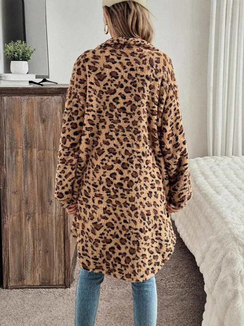 Double-sided plush long cardigan for women in dark brown with animal pattern, soft fleece texture