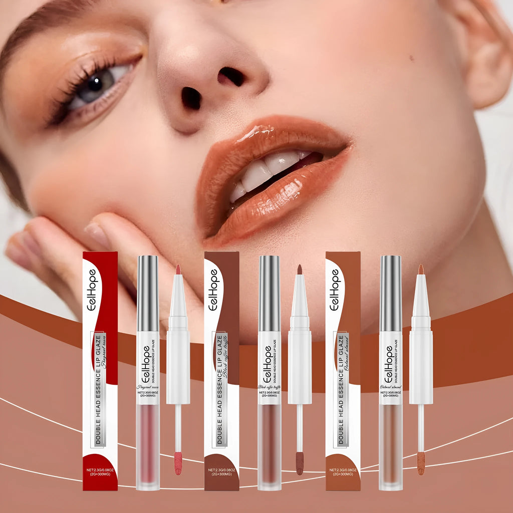 Double-headed lip liner and lip lacquer pen makeup product in matte finish.