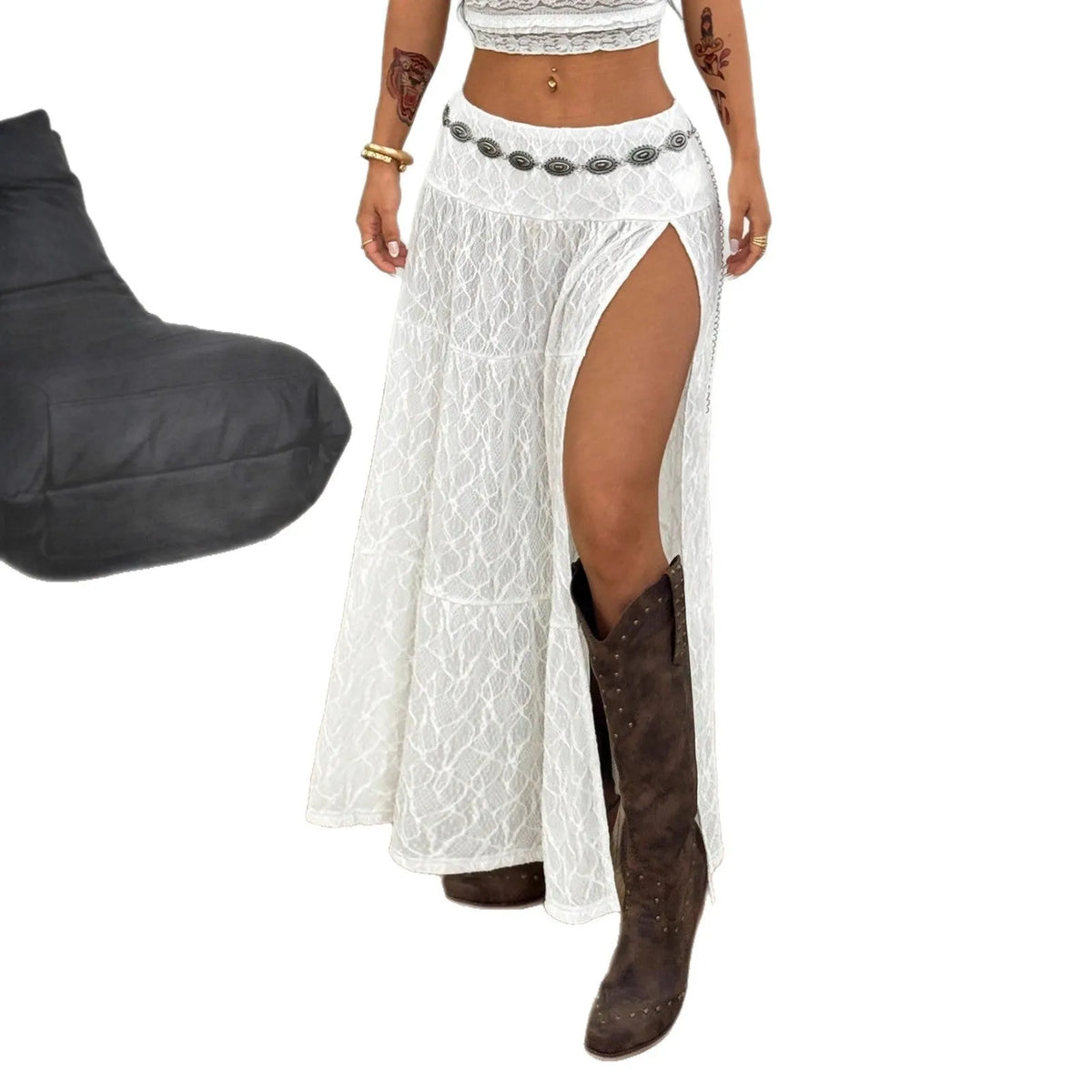 White A-line mid-length skirt with lace and see-through side seam details, jacquard craft, street fashion style.