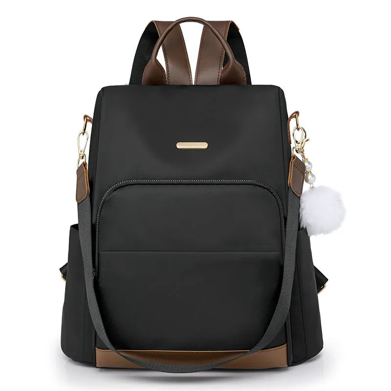 Colour block large capacity anti-theft backpack in beige with oxford cloth exterior and three-dimensional front pocket