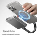 Grey ultra-thin magnetic mobile solid state drive with C to C cable and magnetic ring on a white background.