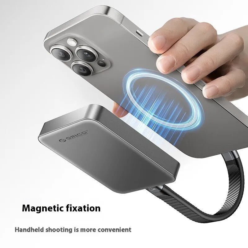 Grey ultra-thin magnetic mobile solid state drive with C to C cable and magnetic ring on a white background.