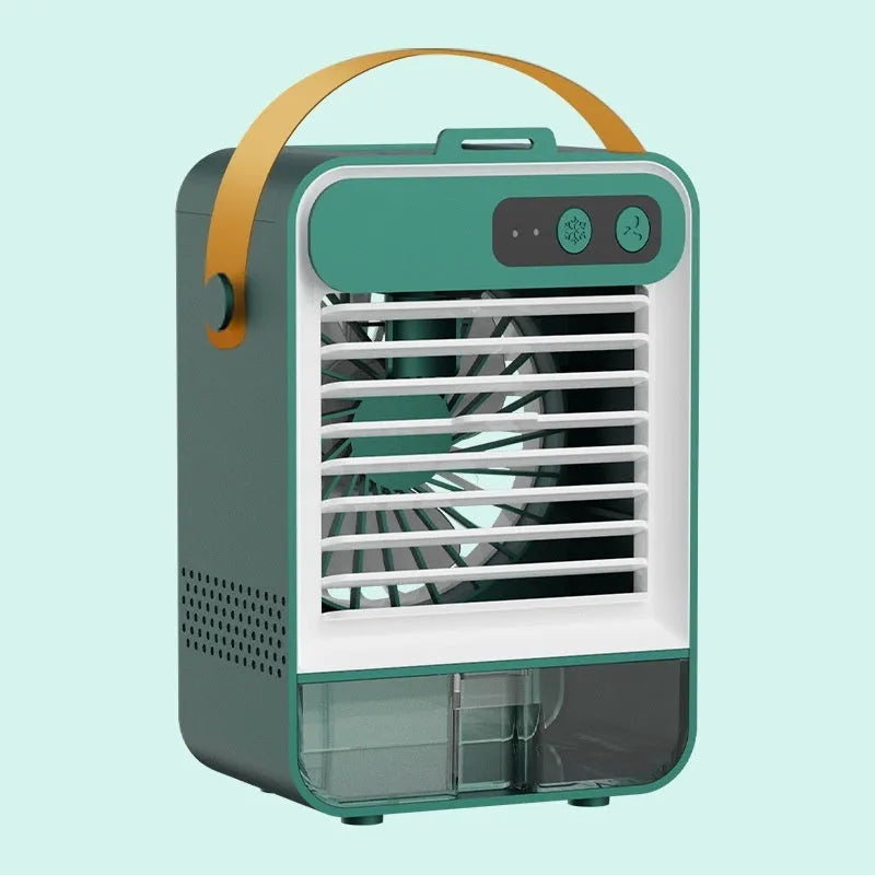 Dark green and ivory white compact USB desktop fan with five blades on a small base.