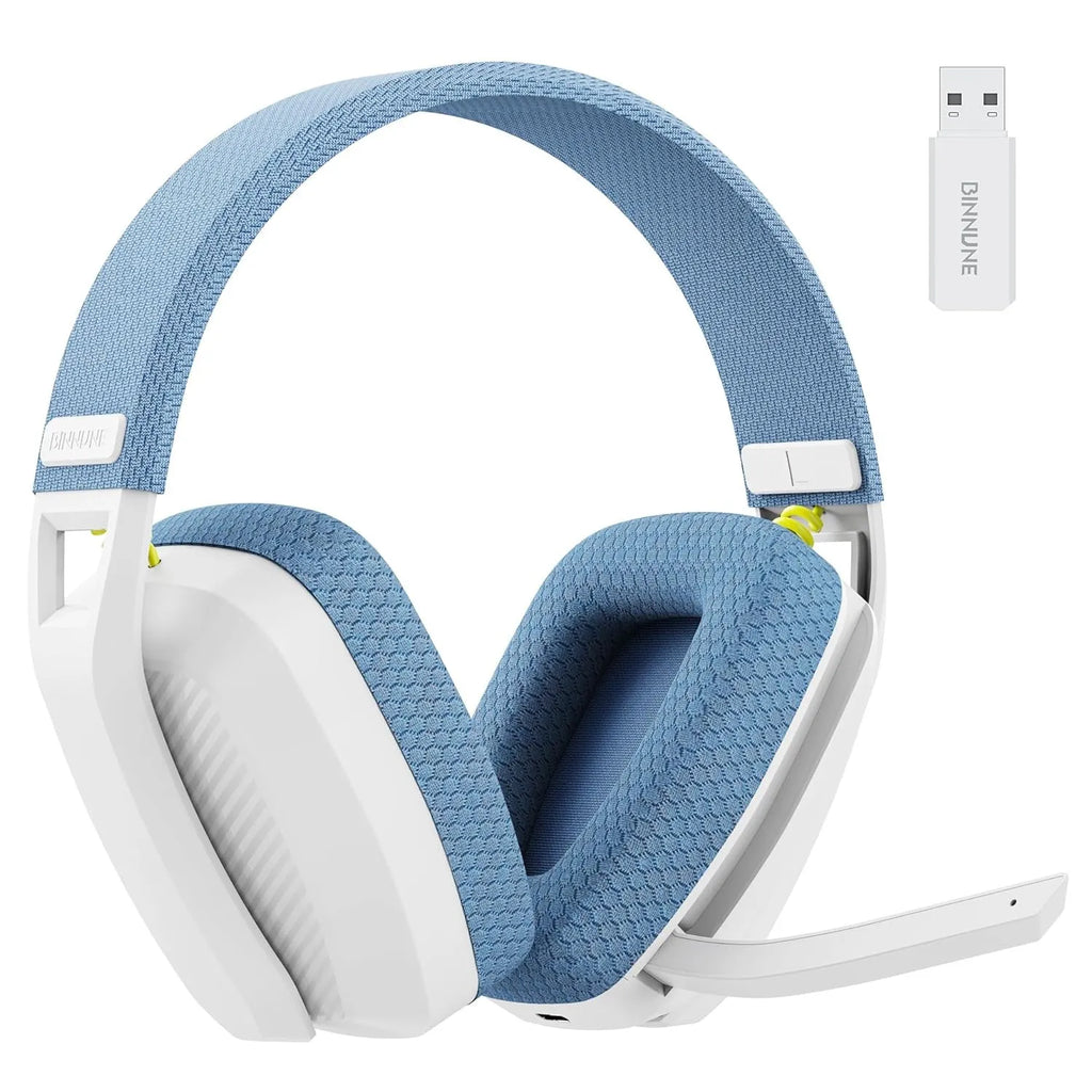 Bluetooth 5.3 and 2.4G dual-mode head-mounted headset with mesh earmuffs and microphone, shown in black.