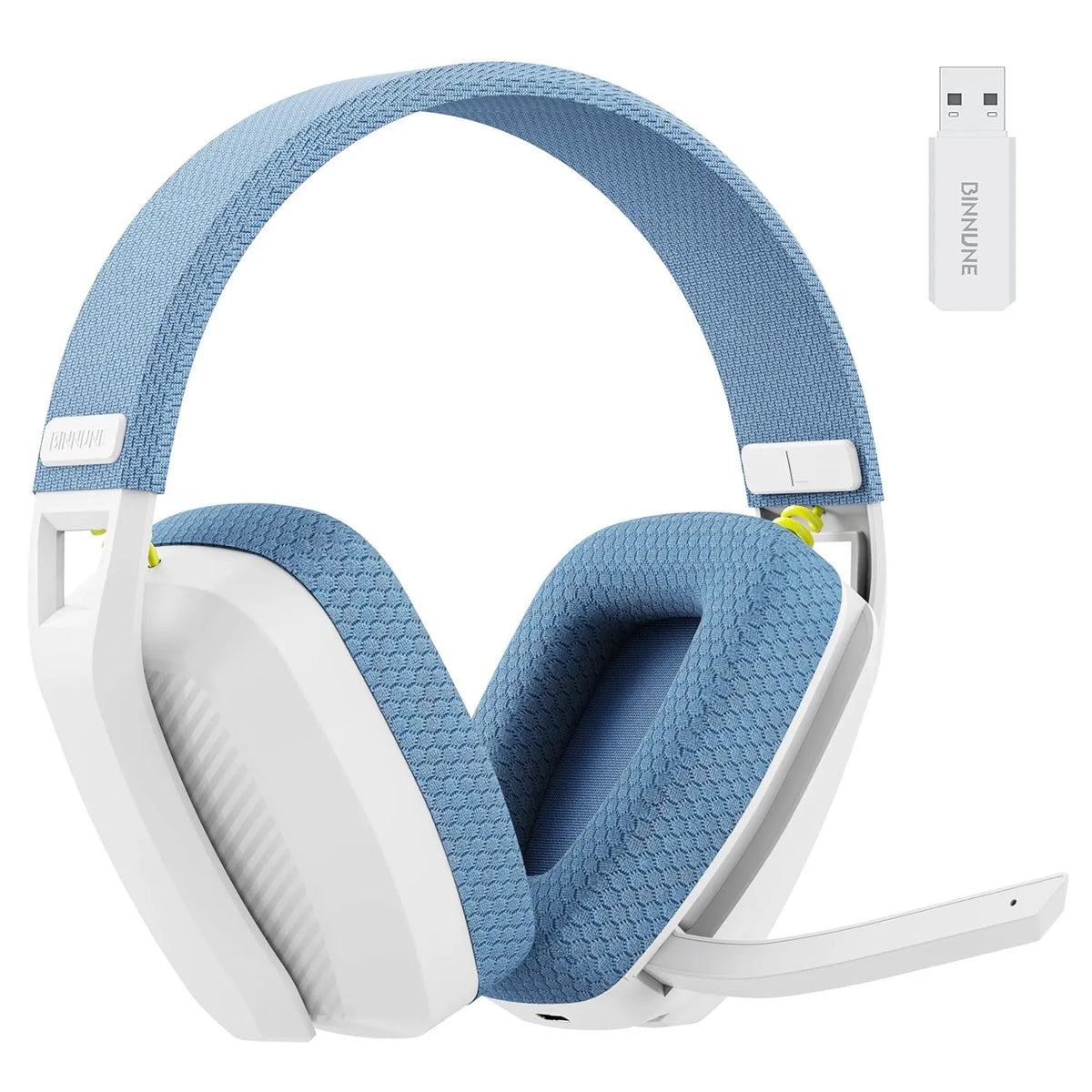 Bluetooth 5.3 and 2.4G dual-mode head-mounted headset with mesh earmuffs and microphone, shown in black.