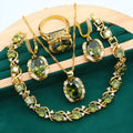 Women's full rhinestone zircon jewellery set with necklace, earrings and ring in olive green or red on snake bones chain