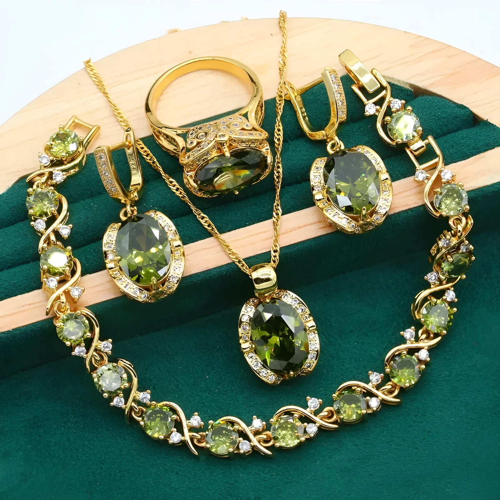 Women's full rhinestone zircon jewellery set with necklace, earrings and ring in olive green or red on snake bones chain