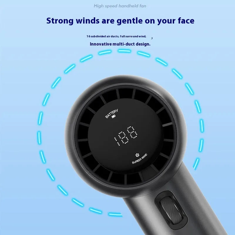 Mini handheld portable fan in Diamond White with knob control and USB data cable for outdoor charging