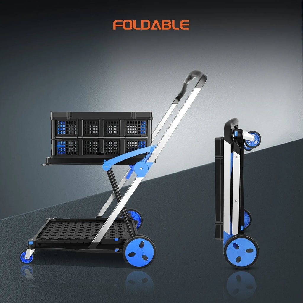 Personality foldable shopping trolley with two plastic baskets in blue, shown collapsed and upright.