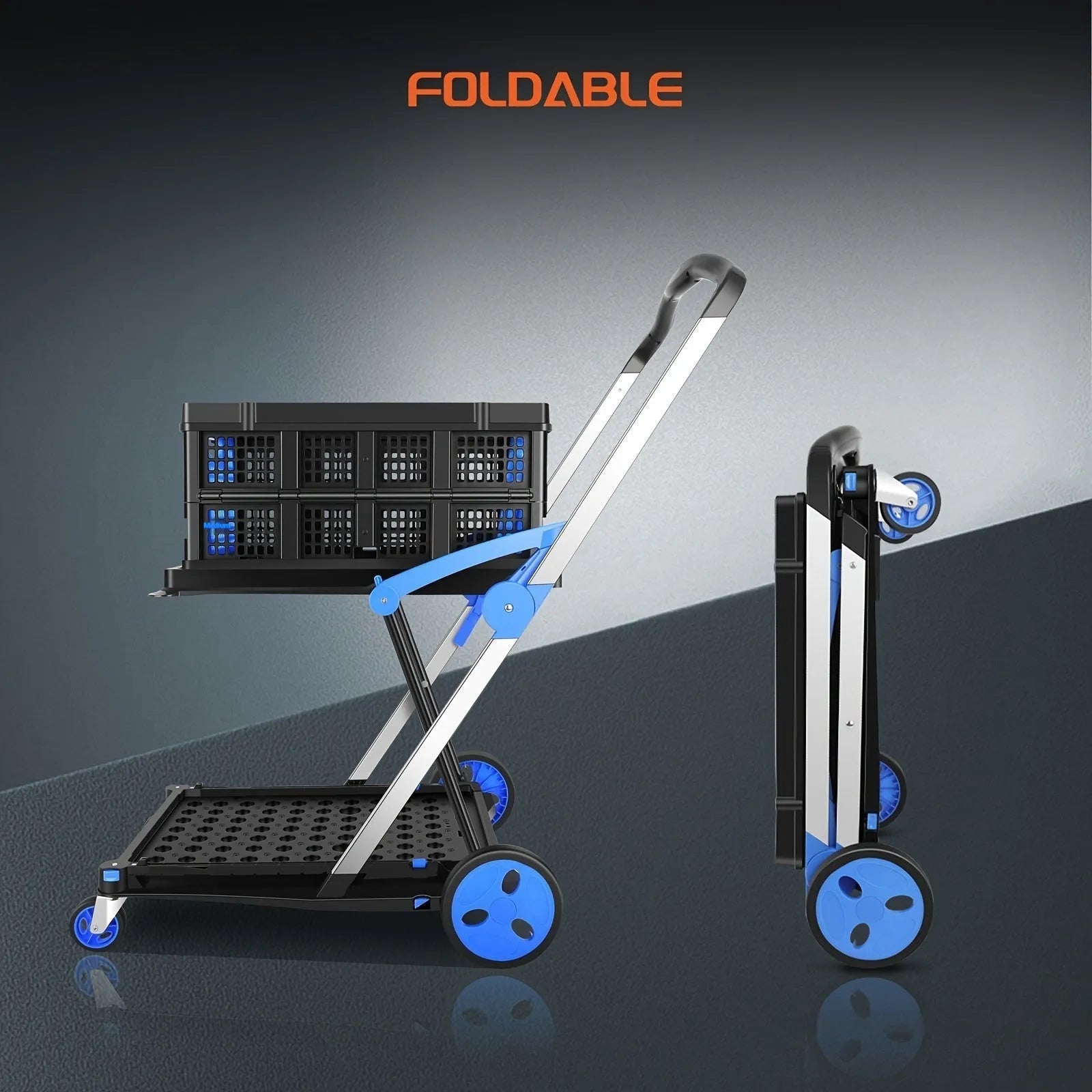 Personality foldable shopping trolley with two plastic baskets in blue, shown collapsed and upright.