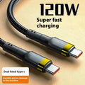 6A double USB Type-C cable, 120W fast charge, woven braided, silver or gold, 1m to 2.5m