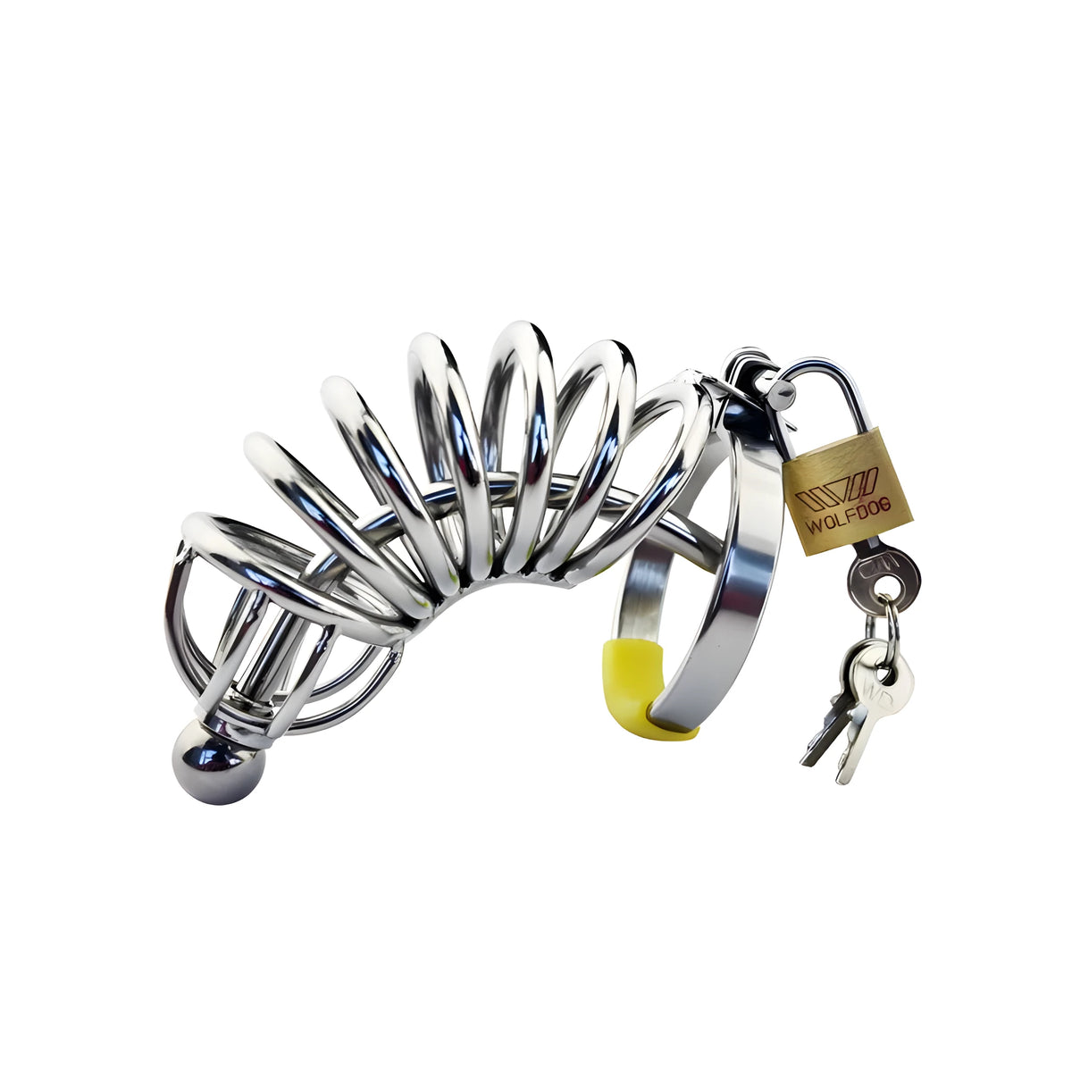 Male stainless steel chastity device with catheter and lock, available in multiple ring sizes from 38mm to 52mm