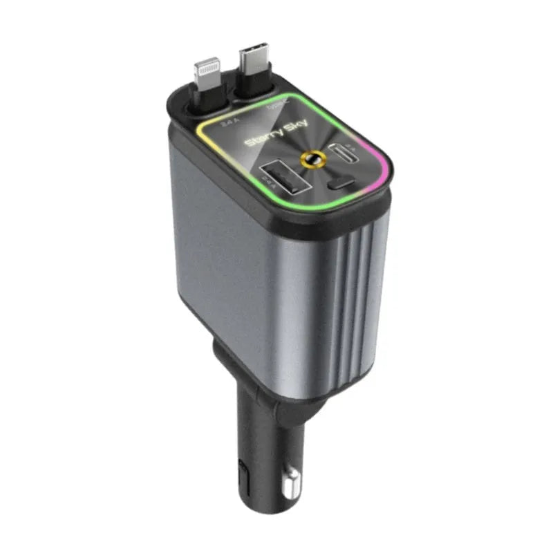 Four-in-one car charger with retractable 80cm cable, starry sky light, USB and Type-C outputs, Black Gray options