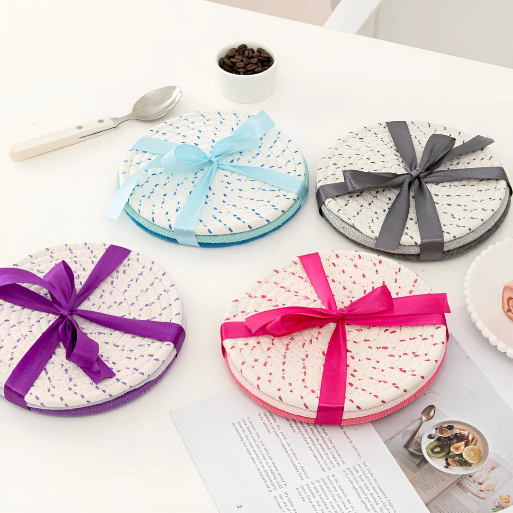 Three round cotton cord coasters in modern simplicity style with 18cm diameter measurement