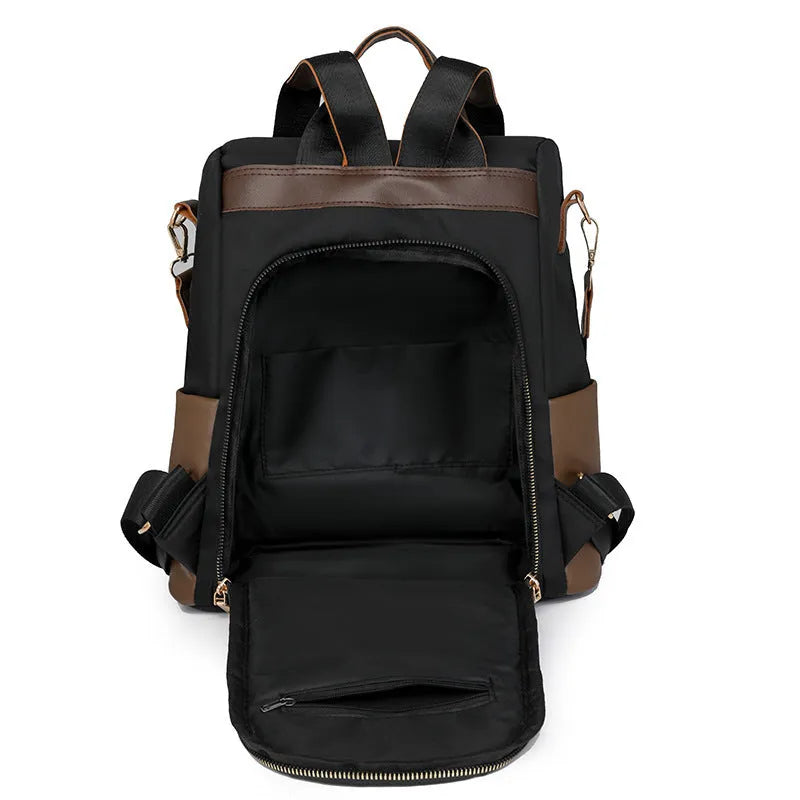 Colour block large capacity anti-theft backpack in beige with oxford cloth exterior and three-dimensional front pocket
