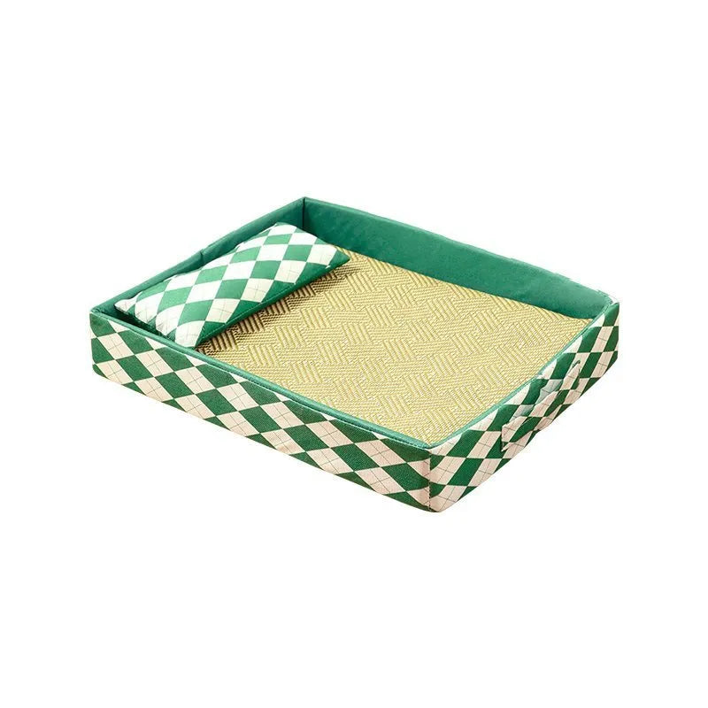 Blue rattan woven cat litter mat and cooling bed for pets on a wooden floor.