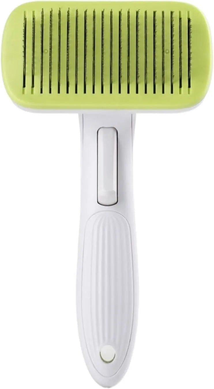 Automatic pet hair removal comb for dogs and cats in blue, showing one-click needle comb mechanism.
