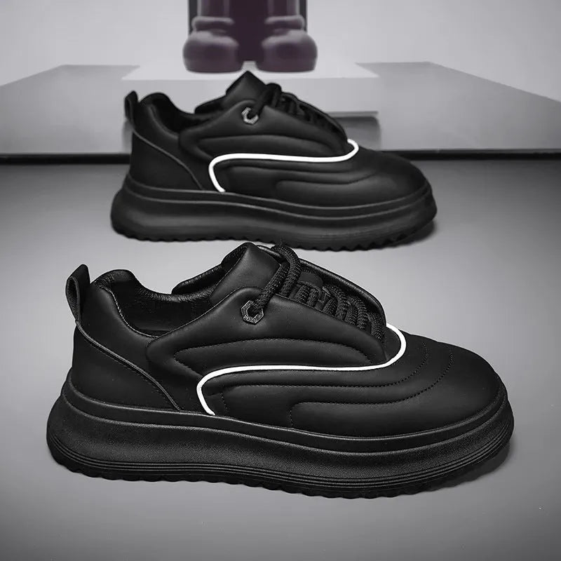 Unisex casual leather trainers with a thick platform sole in black, white, and khaki colour options.
