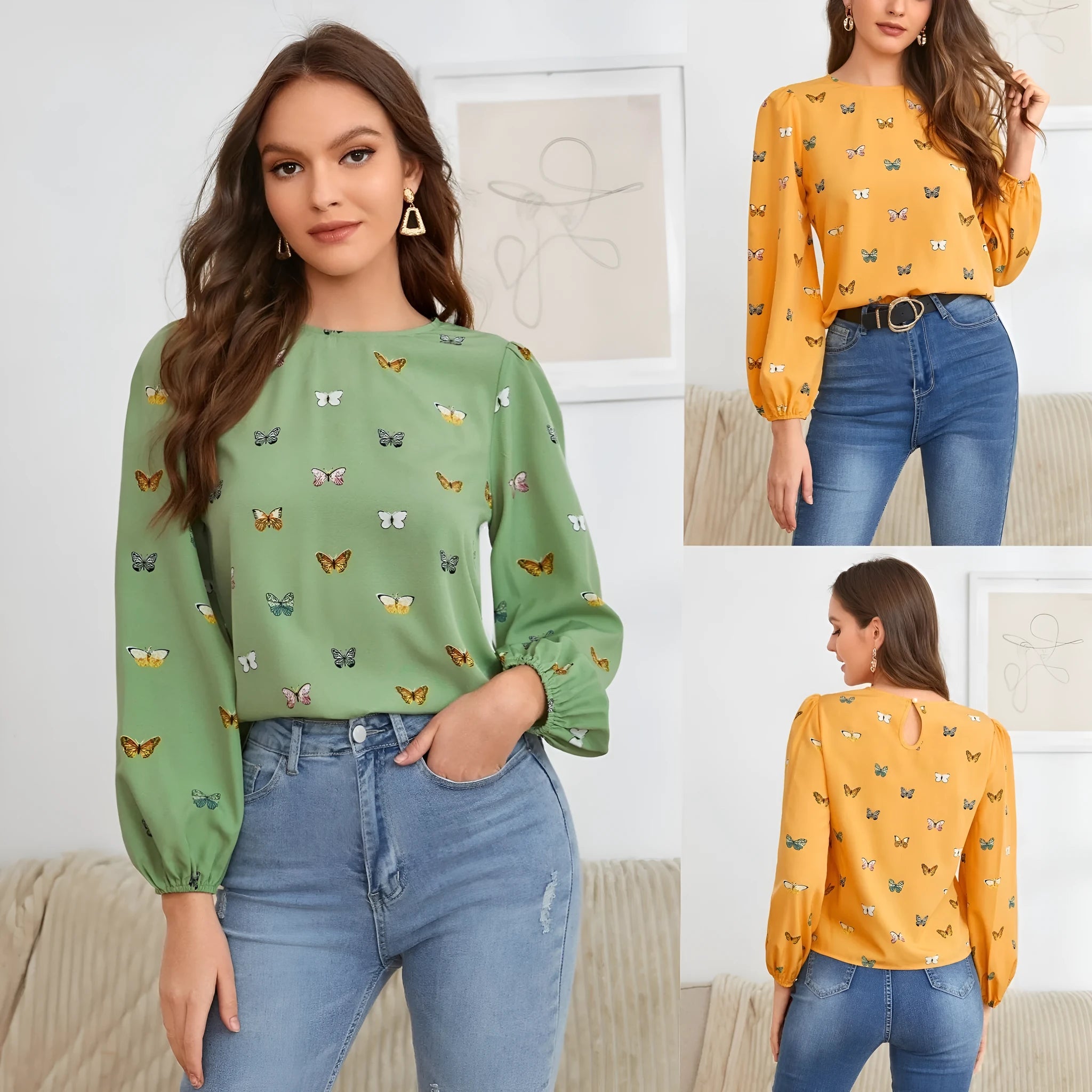 Women's green long-sleeved loose shirt with butterfly print pattern.