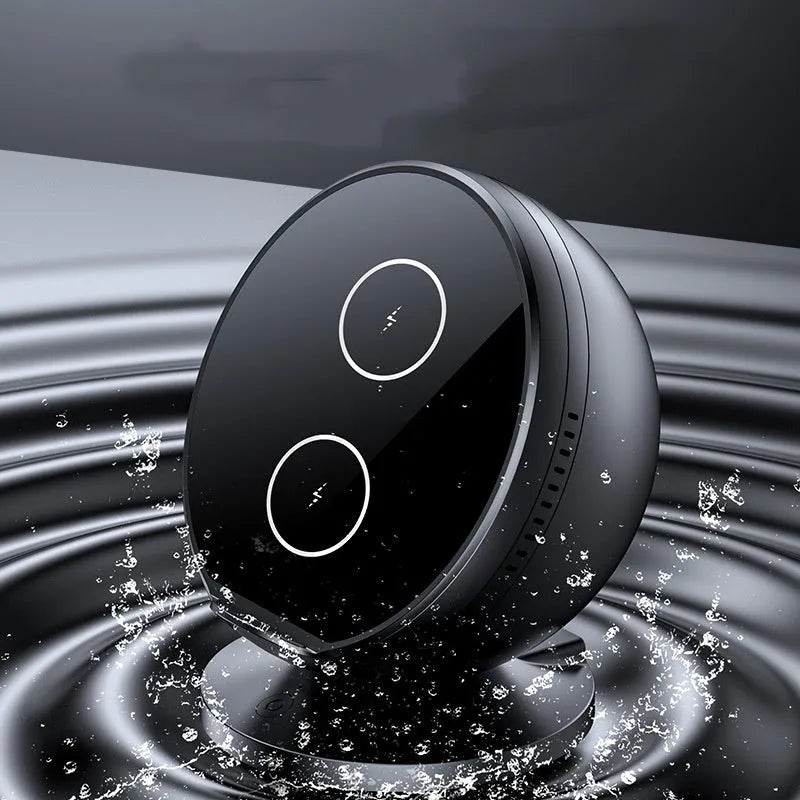 Multifunctional black mobile phone wireless charging dock with integrated Bluetooth speaker.