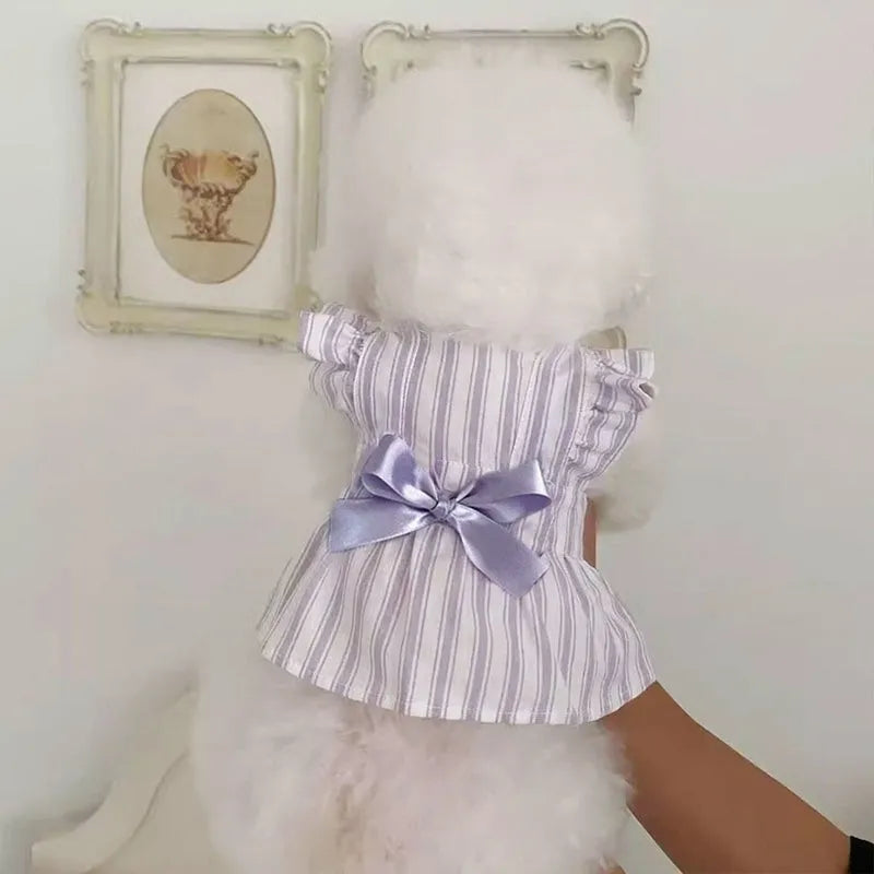 Purple dog dress with thin vest, bowknot and stripe skirt, sizes XS to XXL for small to large dogs