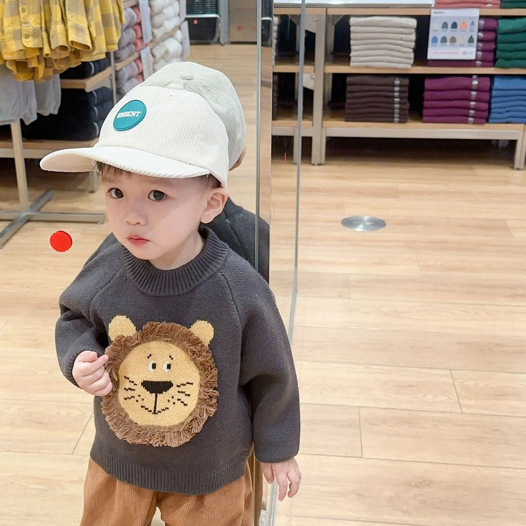 Boys' Korean style cartoon pullover sweater in khaki or gray, knitted acrylic, sizes 66-100cm