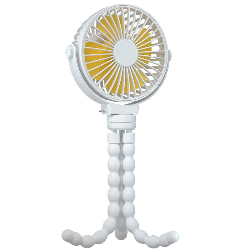 Black portable clip fan with flexible tripod legs and 2000mAh battery for USB charging