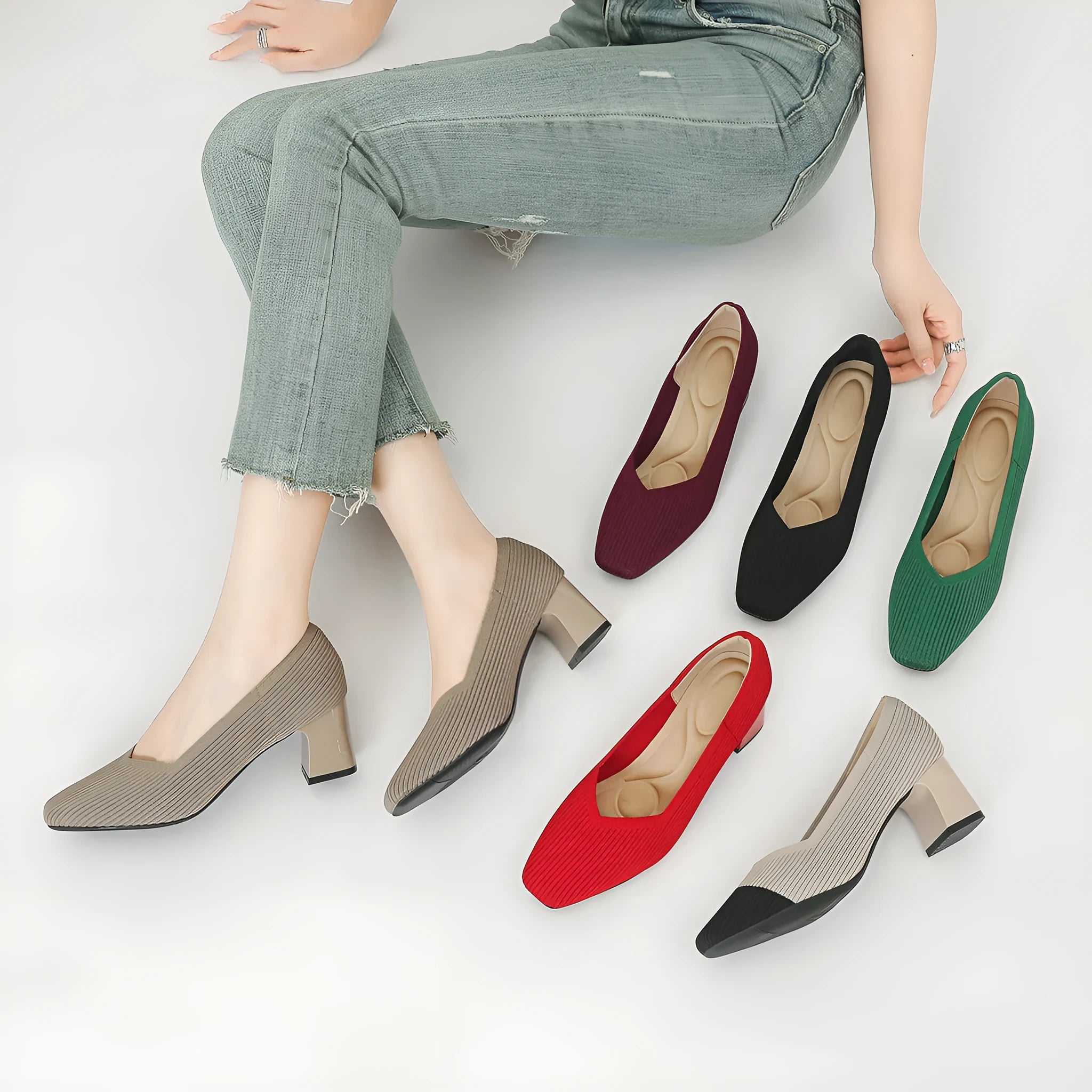 Women's thick head stiletto knitted shoes with block heel, square toe, and mid-heel height, available in multiple colours