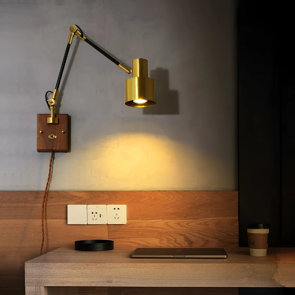 Retro copper rocker arm wall lamp for bedside or creative wall lighting