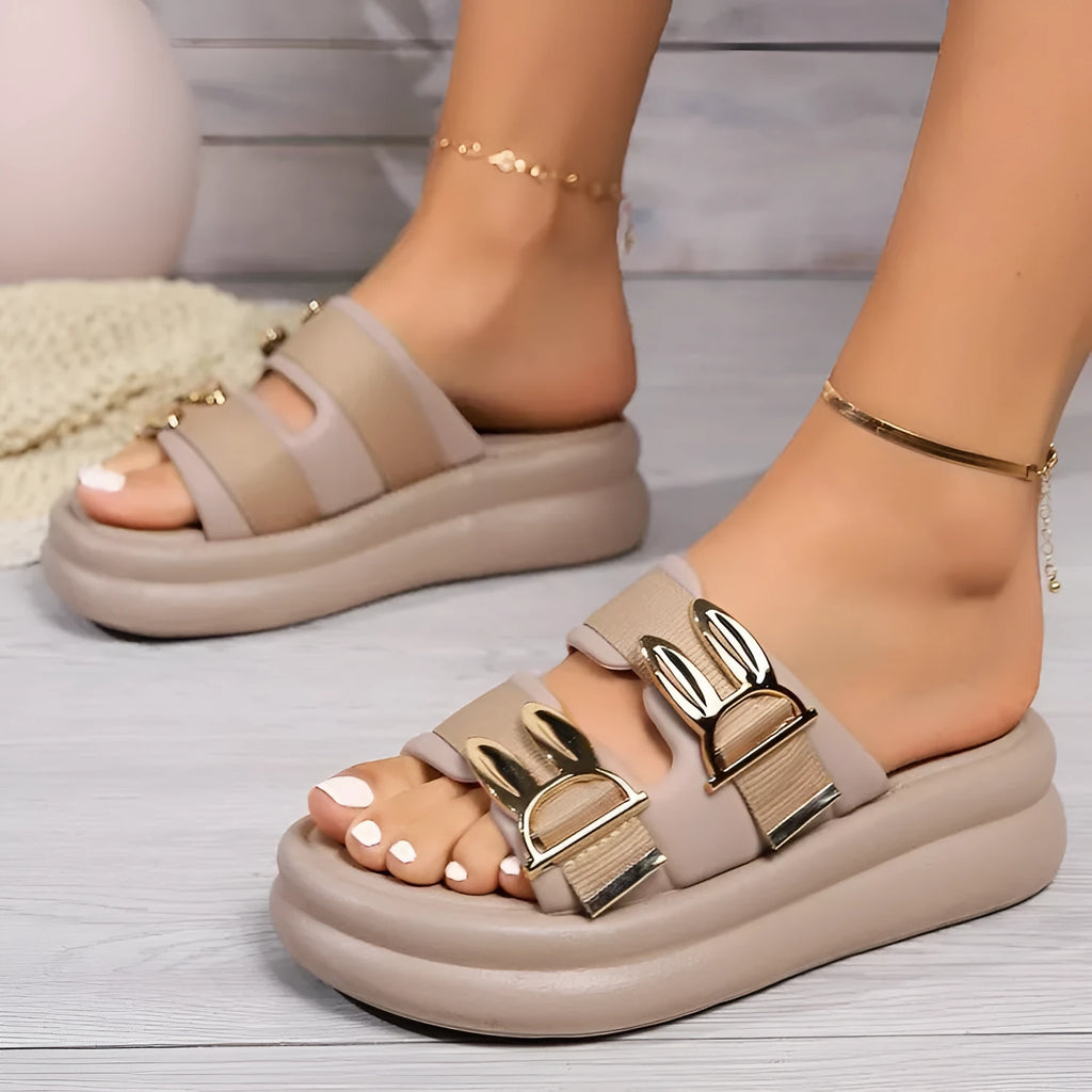 Women's suede slippers with thick rubber sole in apricot, black and off white colours