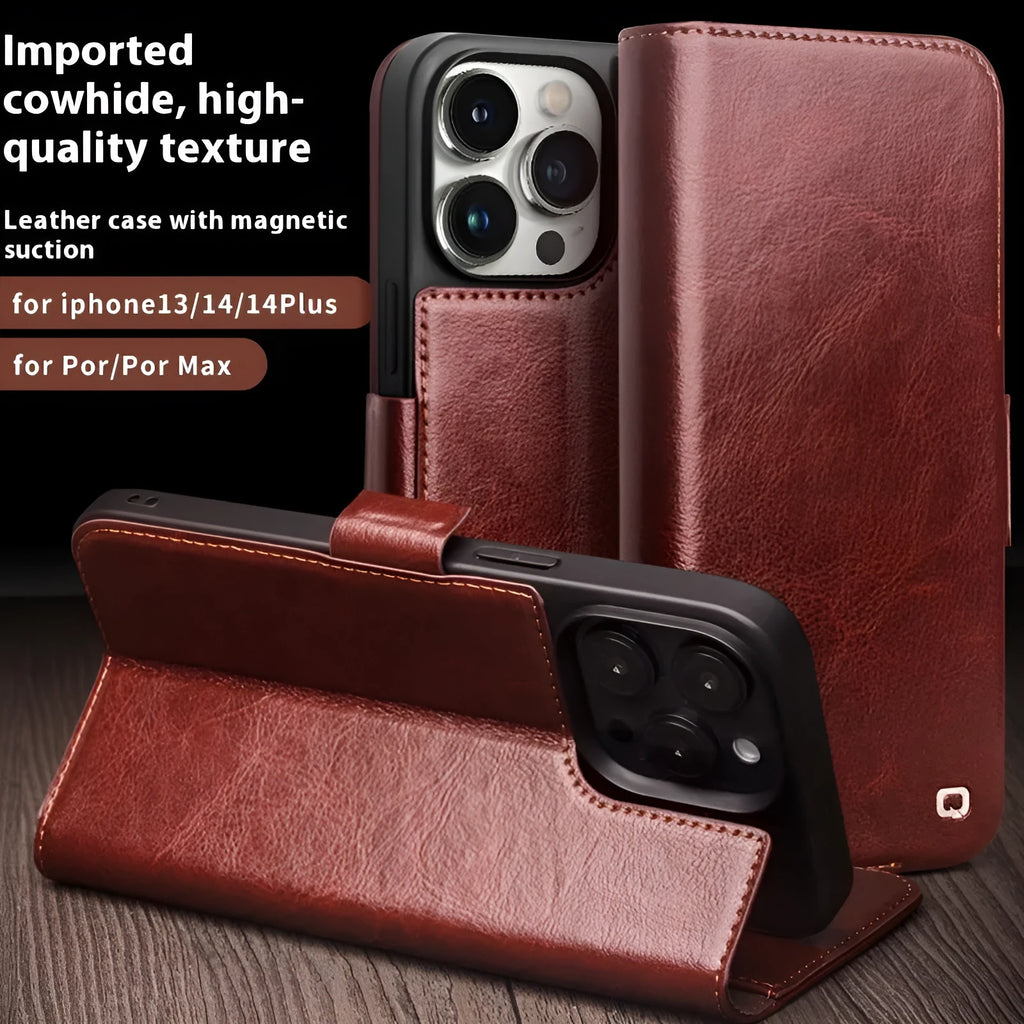 Genuine leather magnetic flip cover for iPhone 14 with card slot and kickstand in black colour