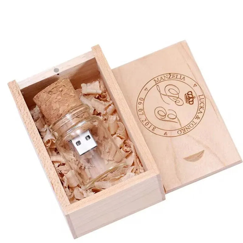 Wooden bottle-shaped USB flash drive on a keyring with transparent finish showing wood grain.